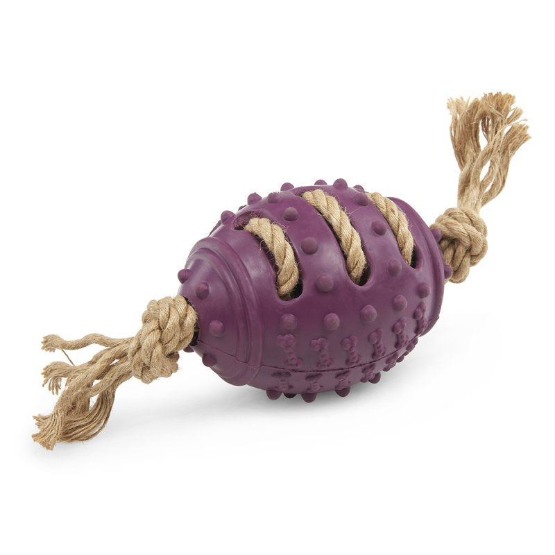 Petface Planet Nobbly Rubber Rugby Ball + Rope Toy