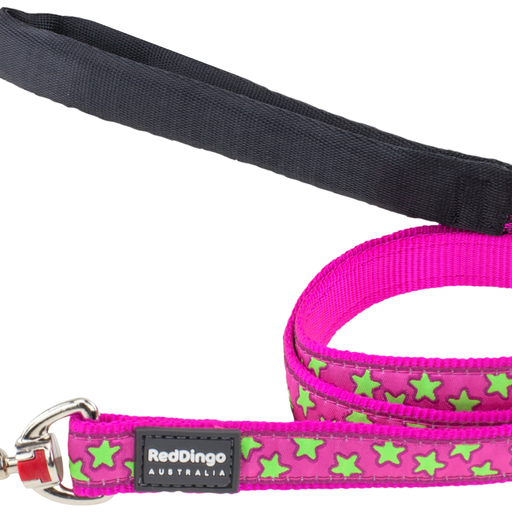 Red Dingo Stars Lime on Hot Pink Dog Lead Medium